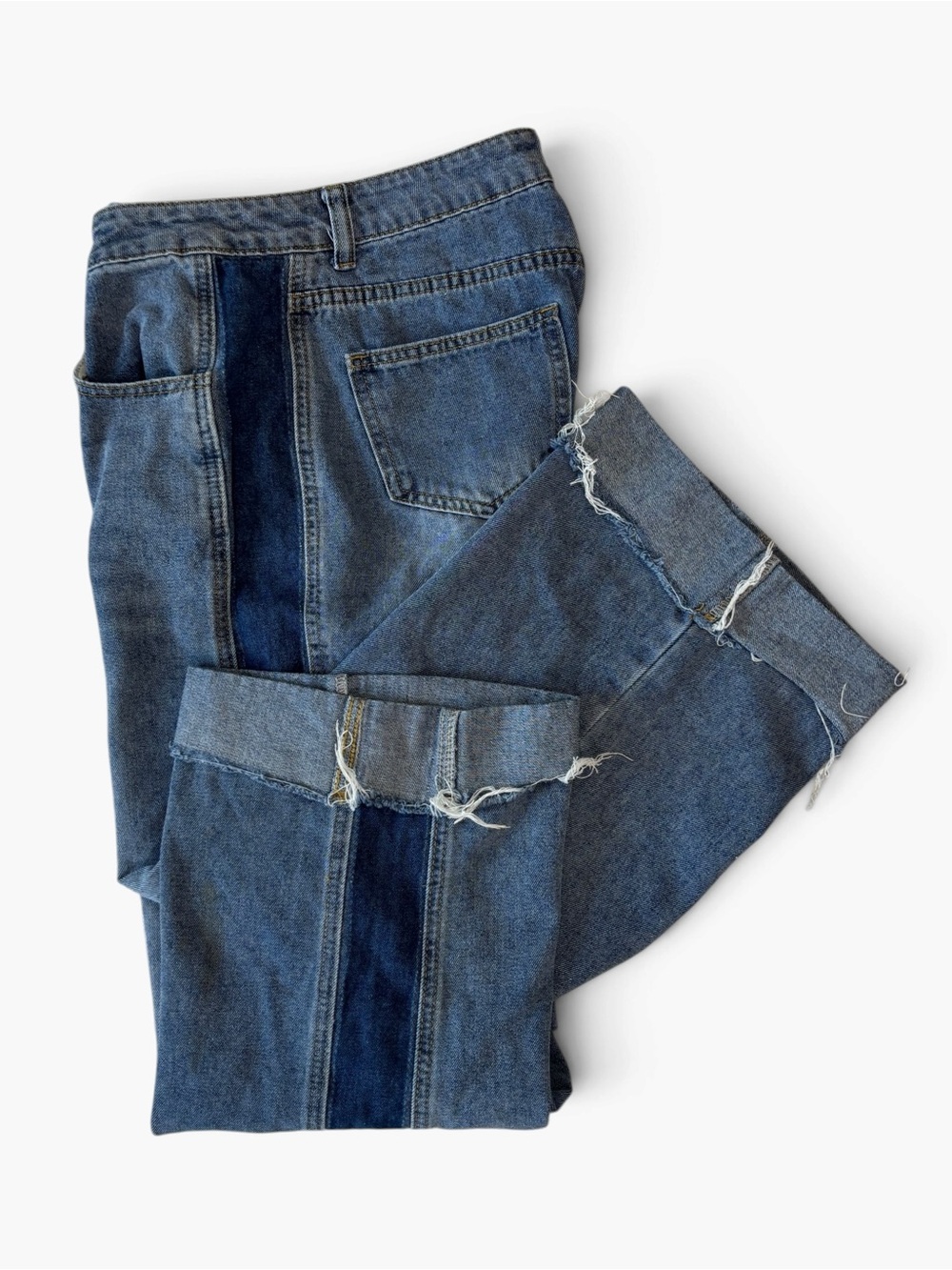 Color Block Wide Leg Jeans Size L Blue Denim Side Stripe Raw Cuff Cropped